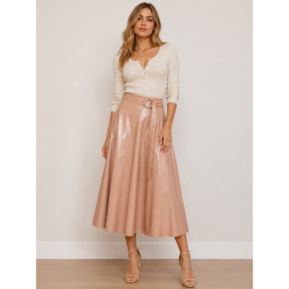 Topshop Peachy Pink Wet Look Faux Leather Midi Skirt US 12 NWT Glam